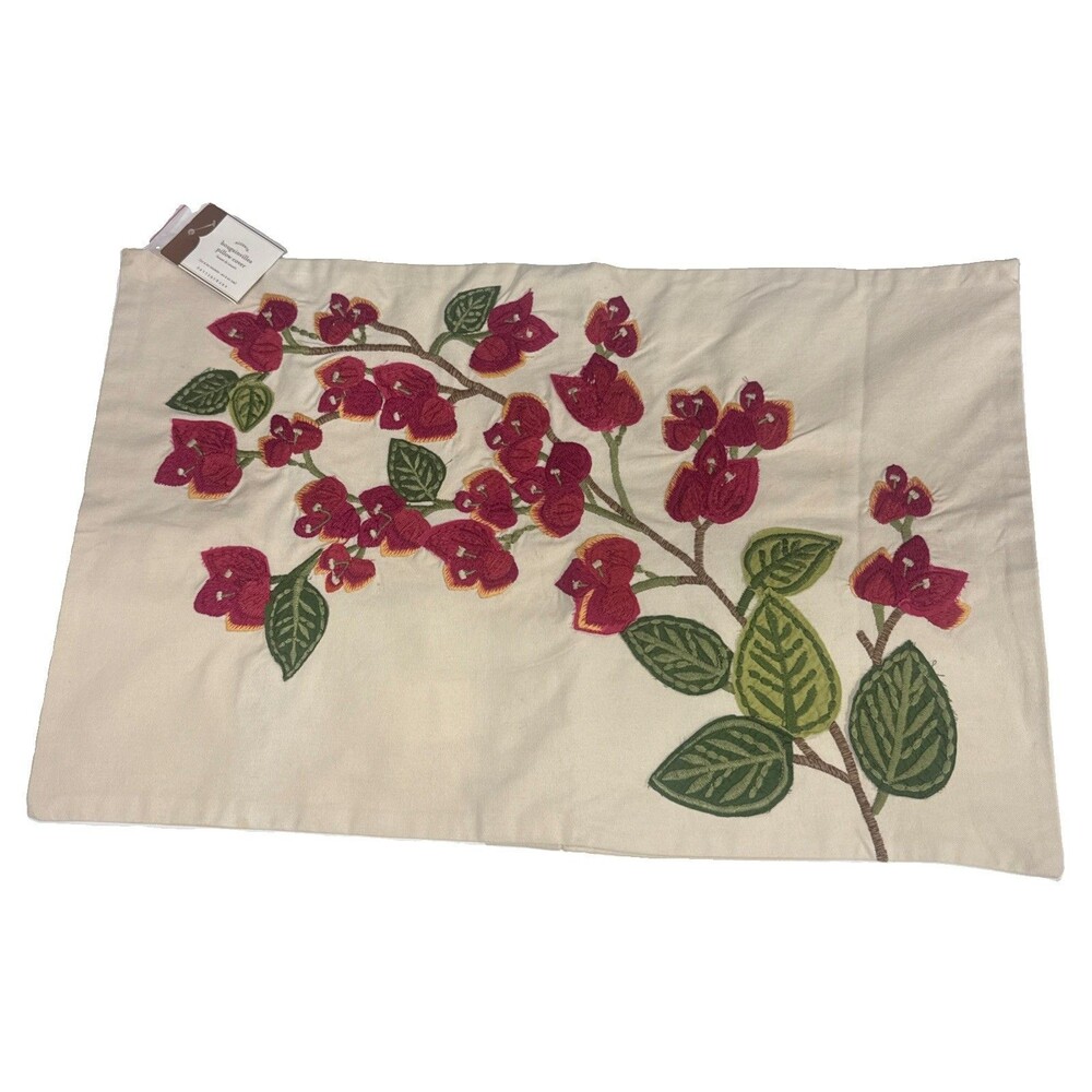 Pottery Barn Bougainvillea Floral Pillow Cover Crewel Lumbar 26x16- 2